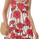 Wenrine Womens Summer Dresses Casual Floral V Neck Sleeveless Loose Boho Beach Tank Dress Sundress with Pockets (Medium, Red)