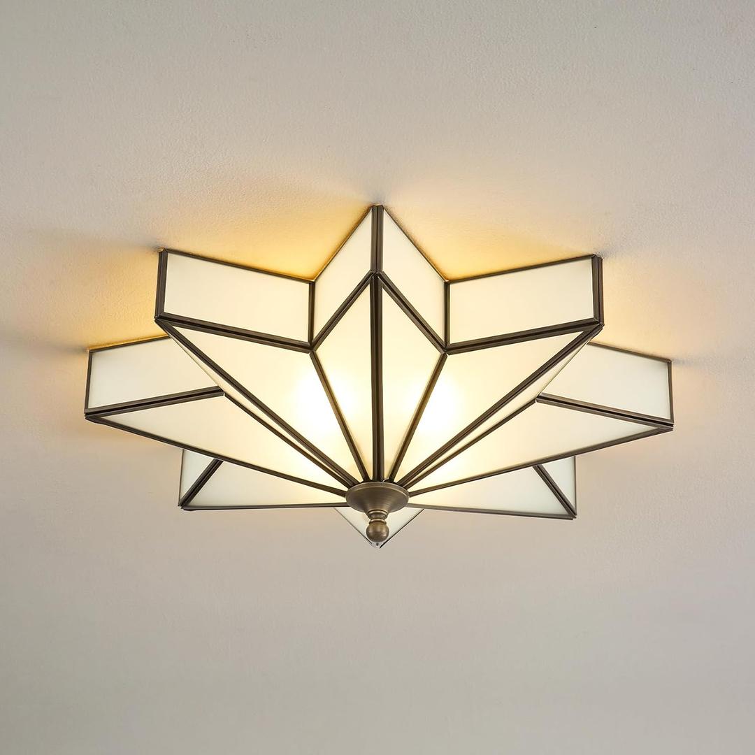 Star Flush Mount Ceiling Light: 20 Inch Brass Milk Glass Lighting Fixture - Balck Art Decor Lights - Mid Century Vintage Moravian Bronze Lamp for Bedroom Kitchen Dining Room Entry Foyer Outdoor Porch