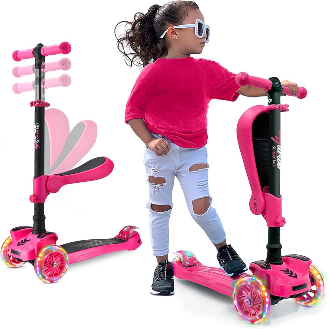 Hurtle 3-Wheeled Scooter for Kids - Wheel LED Lights, Adjustable Lean-to-Steer Handlebar, and Foldable Seat - Sit or Stand Ride with Brake for Boys and Girls Ages 1-14 Years Old (Pink)