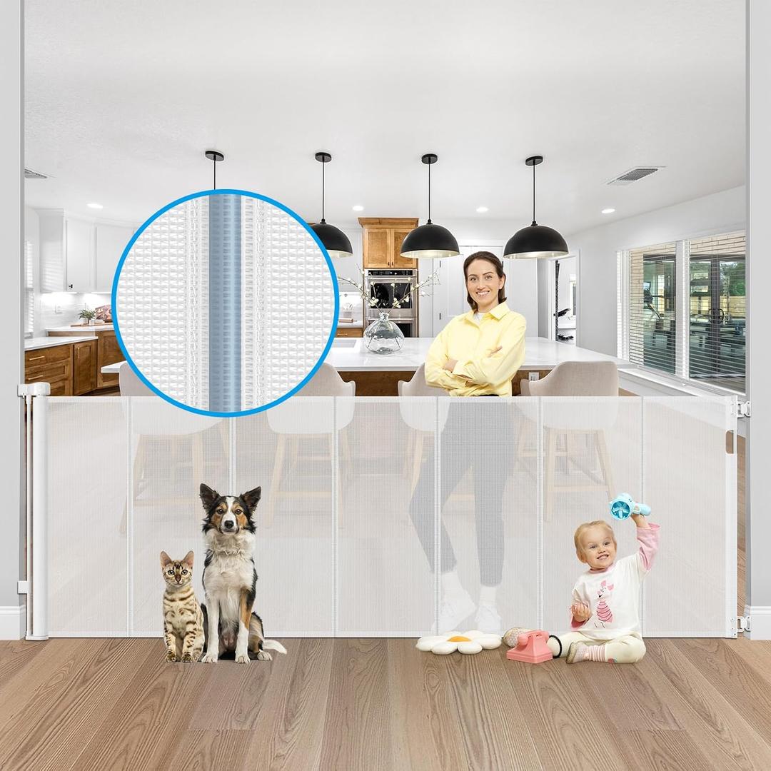 Reinforced 42" Extra Tall X 100" Extra Wide Baby Gate for Large Openings Stop Babies and Pets from Drilling Through Retractable Baby Gates Extra Tall Retractable Dog Gate No Sagging Retractable Gate (42" Tall x 100" Wide With Reinforced Bar, White)