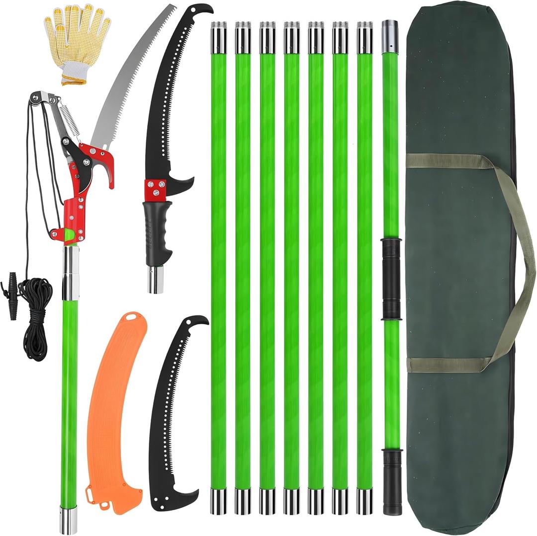 30 Ft Manual Pole Saw, Extendable Tree Pruner Blade and Scissors Set with 9 Fiberglass Handles, Long Branch Pruner Retractable for Backyard and Garden, Bush Cutting and Pruning of Palm Trees