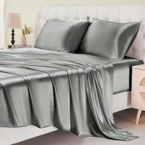 Satin Sheets, Queen Size Sheets Set, 4 Pcs Cooling Soft Bed Sheets, Silky Bedding Set with Deep Pocket up to 15 inches-Dark Gray