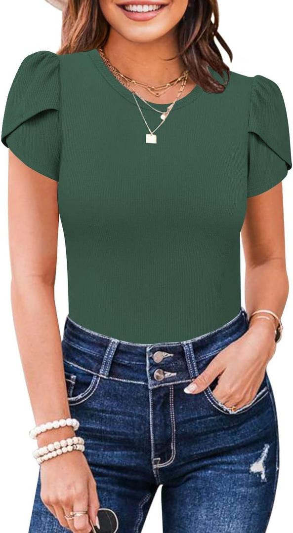 MISSJOY Womens Sexy Short Sleeve Bodysuits Crew Neck Ribbed Petal Sleeve Leotards Tops (Small, Grey Green)