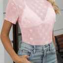 Women's Mesh Lace Top Sheer Short Sleeve T Shirt Mock Neck Summer Blouses (Pink, XXL)