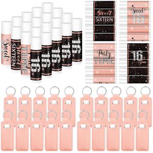 20 Sets Sweet 16 Party Favors Pink and Black Lipstick Bulk with Lip Balm Holder Keychain Lip Balm Lipstick Sleeve for Teen 16th Birthday Decorations Guest Gifts Supplies