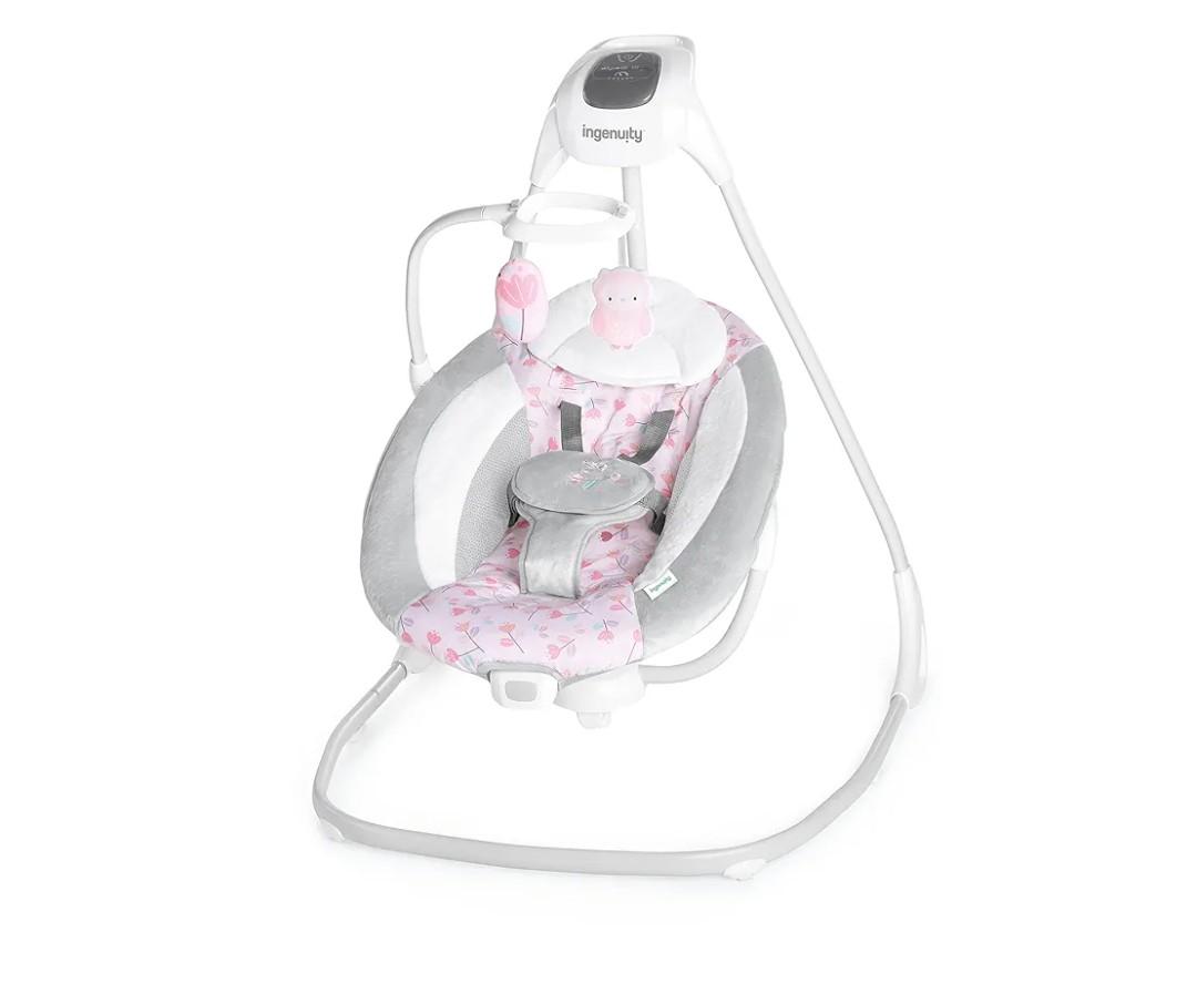 Ingenuity SimpleComfort Lightweight Compact 6-Speed Multi-Direction Baby Swing, Vibrations & Nature Sounds, 0-9 Months 6-20 lbs (Pink Cassidy)