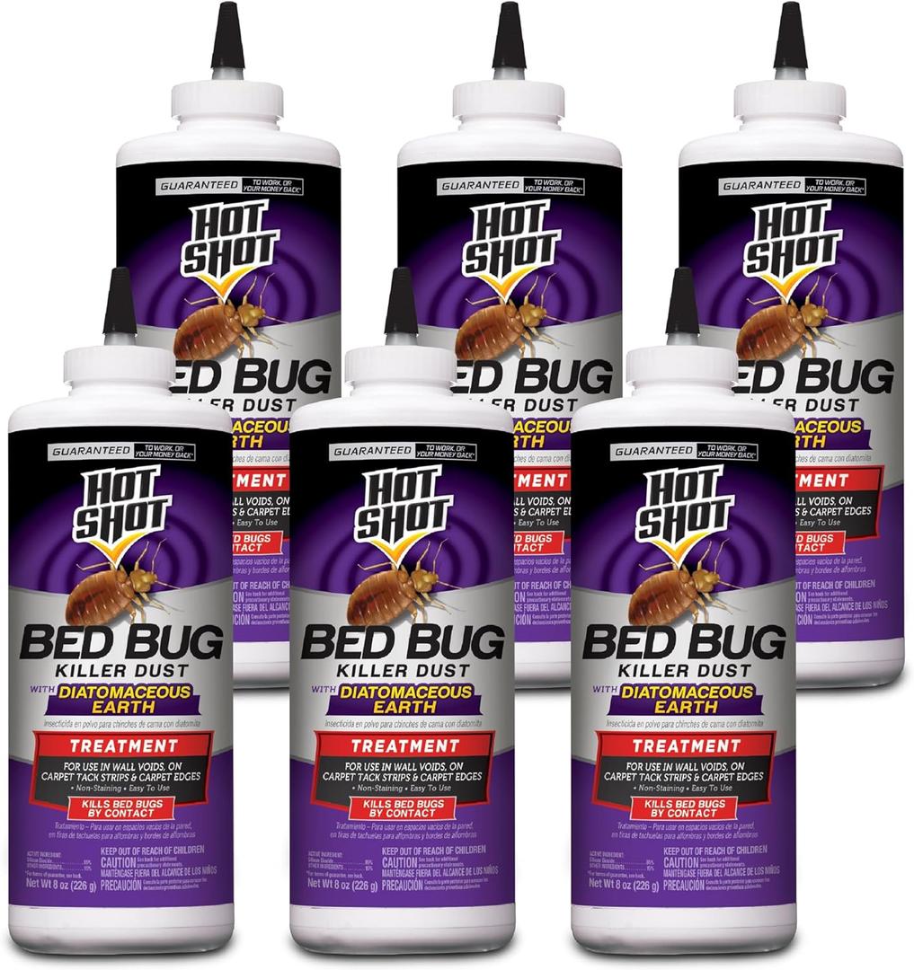 Hot Shot Bed Bug Killer Dust With Diatomaceous Earth 8 Ounces, Treatment For Bed Bugs, 6 Pack