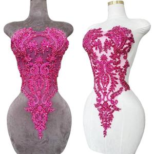 Handmade Rhinestones Lace Bodice Applique Sew on Beads Sequins Trimming Patches for Dress Clothing Accessories 1Pcs/Bag (Rose red)