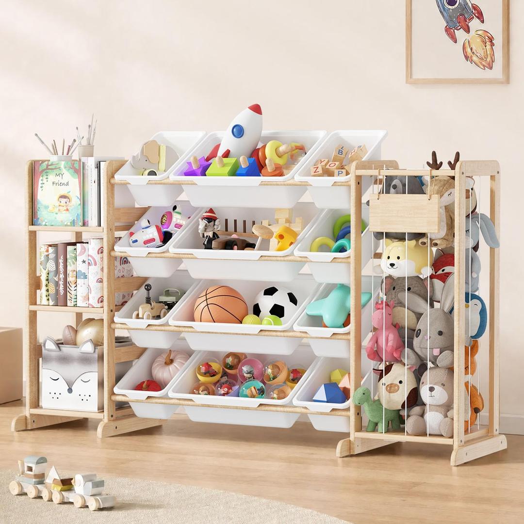 Toy Storage Organizer with Bookshelf and Stuffed Animal Storage, Playroom Toy Organizer with 12 Toy Bins for Bricks, Toy Holder for Toddler Rooms, Playrooms, Bedrooms