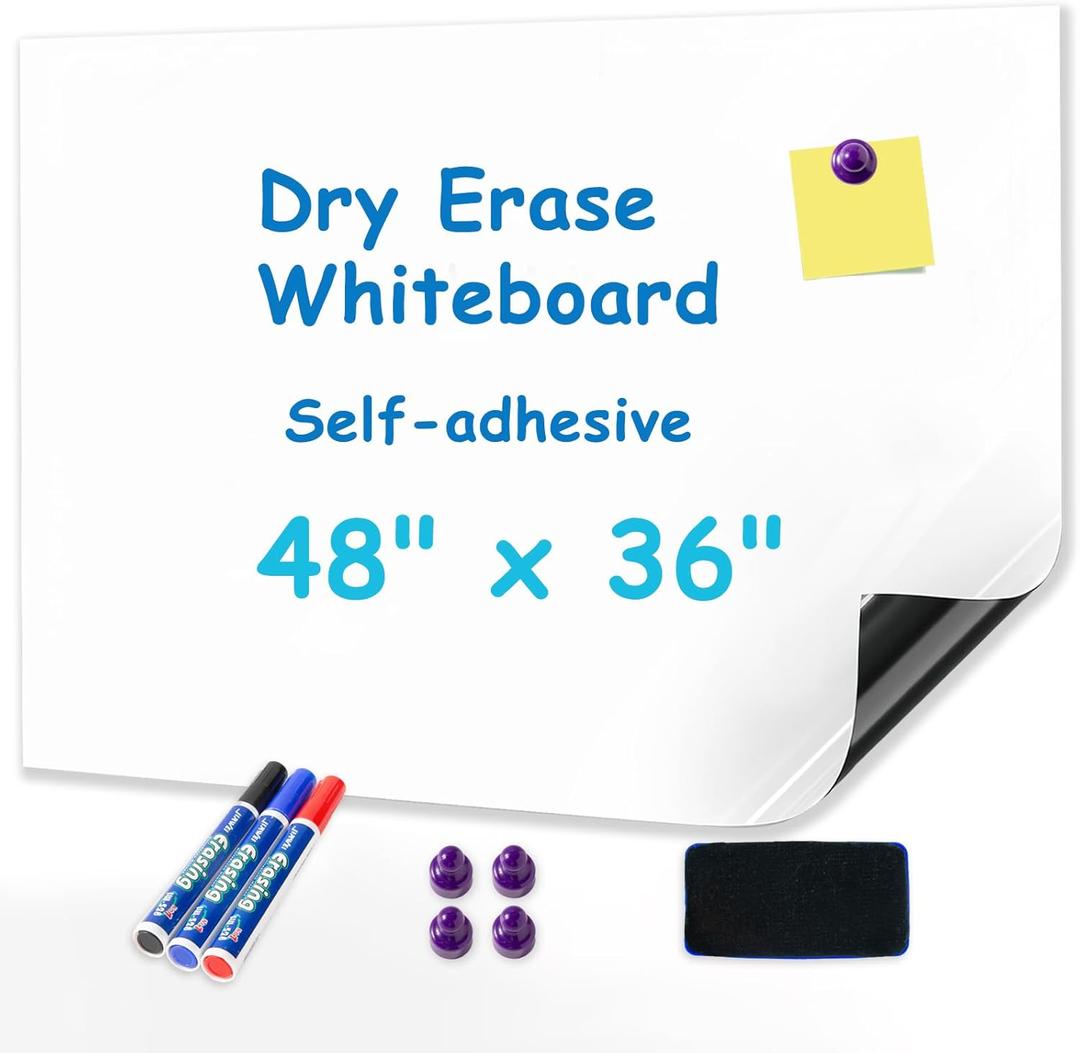 Magnetic Whiteboard for Wall 48" x 36" Self-Adhesive Magnetic Dry Erase White Board Sticker, Peel and Stick Wallpaper Easy to Write and Clean for Home Playroom Office