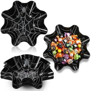 Tioncy 4 Pcs Halloween Spider Web Plastic Bowls 8 Inch Black Spider Web Reusable Snack Dishes Serving Tray for Scary Party Candy Treats Fruits Dish Serving Tableware Haunted House Supplies