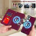 for Samsung Galaxy S25 Edge Case Wallet,Compatible with MagSafe 2 in 1 Magnetic Detachable PU Leather RFID Blocking Wallet Cover Card Holder Zipper Wrist Strap Lanyard,Floral Wine Red