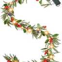 6ft 20 LED Christmas Garland with Holly Pines, Battery Operated Garland with Timer, Red Berry Garland with Lights for Indoor Mantle Fireplace Stair Home Holiday Decoration