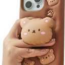 Kawaii 3D Teddy Bear Phone Case for iPhone 15 Pro (with Retractable Phone Stand & Grip) Cute Girly Cartoon Soft Silicone Phone Cover for Girls, Kids, Teens, and Women, Brown