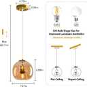 Amber Glass Pendant Lights Kitchen Island Gold Hanging Light Fixture Glass Globe Pendant Light Modern Pendant Lighting for Dining Room Bedroom Kitchen Island (7.87", 2 Pack)
