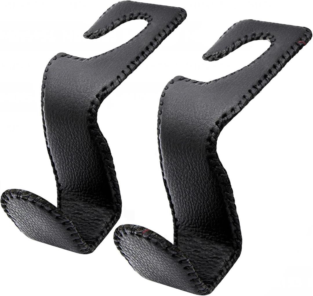 EldHus Headrest Hooks for Purses and Bags, 2 Pack Car Seat Hooks for Grocery Bag Handbag, Metal Car Purse Holder Covered by Leather, Black