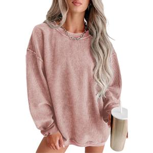 SELINK Women's Crewneck Oversized Corduroy Corded Sweatshirt Long Sleeve Casual Pullover Tops (Pink, S)