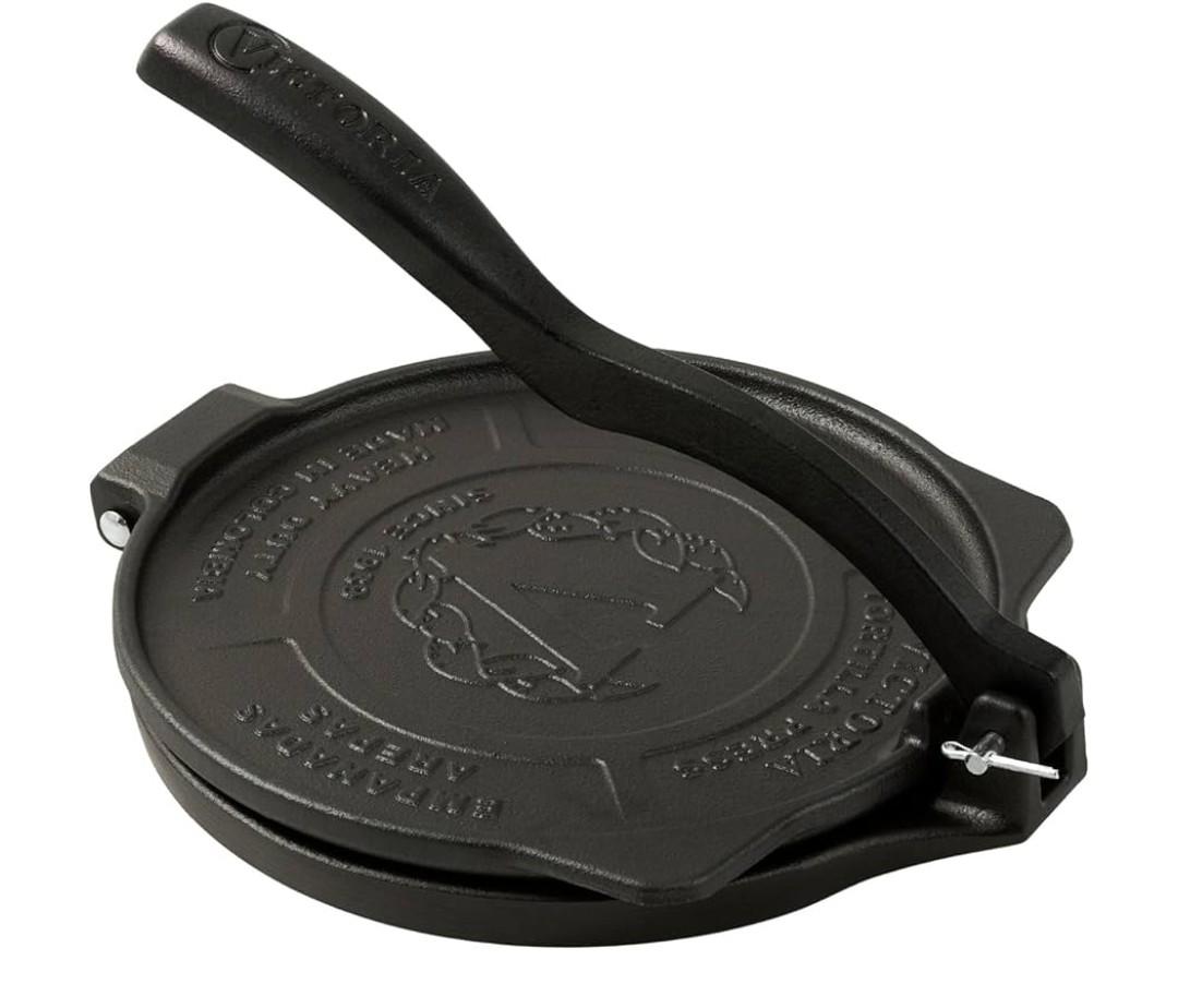 Victoria 8-Inch Cast Iron Tortilla Press HD Spherrous, Commercial-Grade Cast Iron Tortilla Maker, Roti Press, Pataconera Seasoned with Flaxseed Oil, Made in Colombia, Black