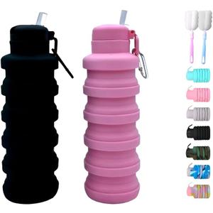Collapsible water bottles 2 Pack with brush,BPA Free Travel Silicone Water Bottle with Carabiner,Reusable Foldable Portable Lightweight Sports bottles for Gym Camping Hiking (Black+Pink)