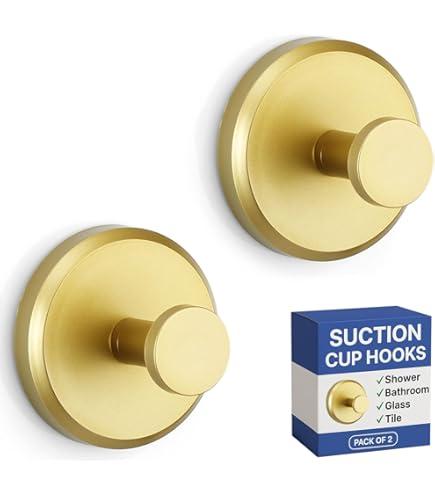 Luxe Hold 2PCS No-Drill Suction Cup Hooks-Gold, Waterproof for Shower & Bathroom, Mounts on Glass Doors, Holds Up to 15lbs