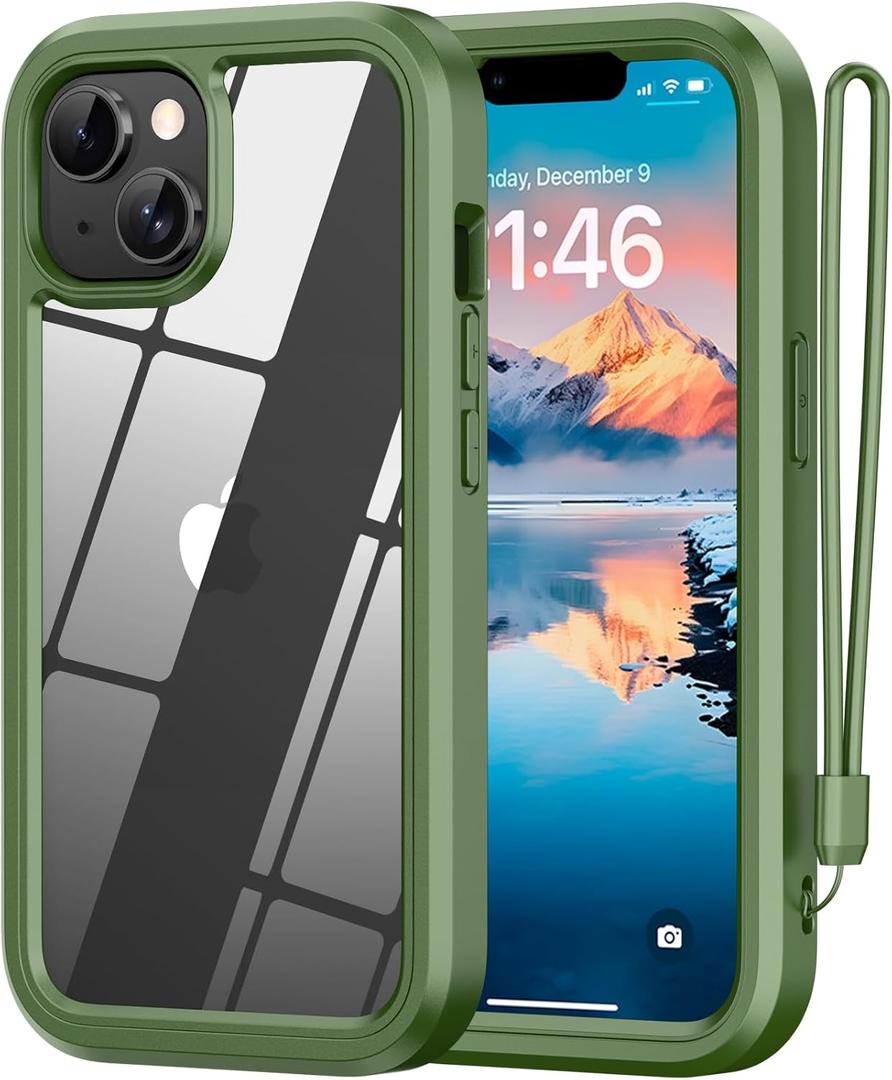 ANB for iPhone 14 case & iPhone 13 case,Soft Silicone and Clear Hard PC Back 3in1 Full Body Shockproof Heavy Duty Military-Grade Drop Protection Cover, 6.1 inch (Green)