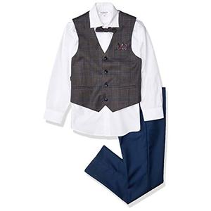 Isaac Mizrahi Slim Fit Boy's Contrast Check Vest, Shirt, Bowtie, and Pant Set, Size 5