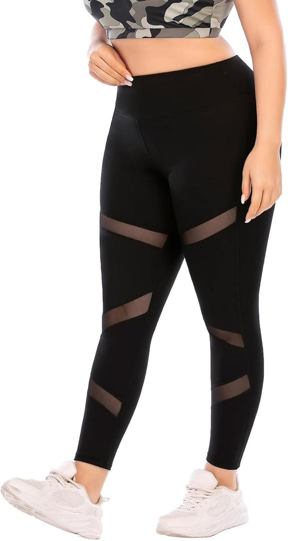 Plus Size Leggings, Black Mesh Yoga Pants for Women with Pockets High Waisted Tummy Control & Squat Proof Workout Leggings Black 5XL (Black)