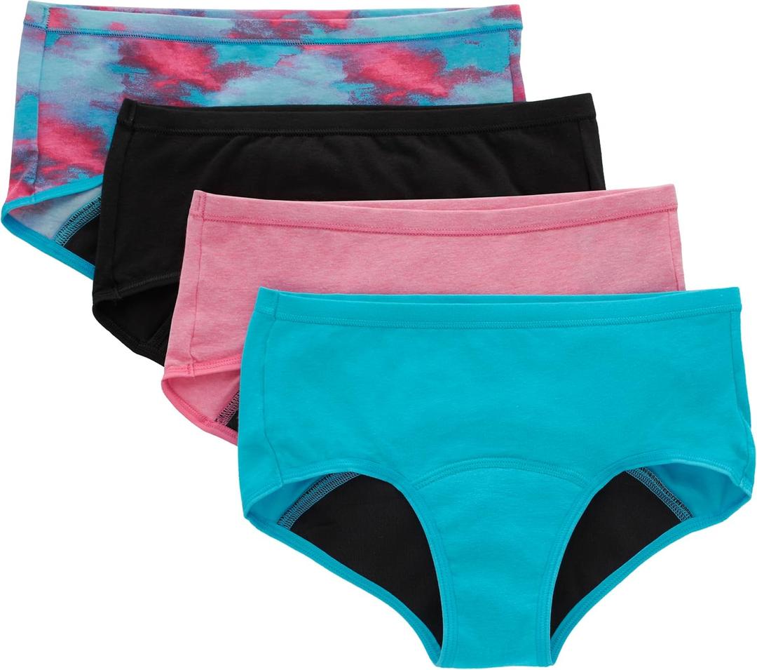 Hanes Girls' Comfort, Period. Boys'hort & Hipster Period Underwear, Moderate Protection, Multi-Pack (16, Boyshort - Pink/Blue/Black - 4 Pack)