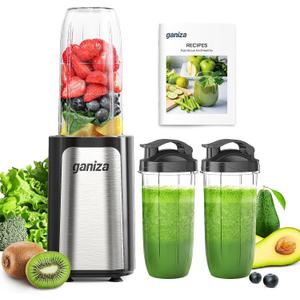 Ganiza Blender for Smoothies, 14Pcs Personal Blender for Shake and Smoothies for Kitchen with 3 Portable Cups (1x24oz & 2X17oz), Single Serve Smoothie Maker, Nutritious Recipe (Black Silver)