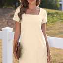 AlvaQ Womens Solid Color Casual Summer Square Neck Short Sleeve Mini Dresses with Pockets (Beige, XL)