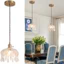 Glass Pendant Light, Vintage Pendant Light with Gold Cable 8 inch E26 Base, Glass Chandelier Light Fixtures for Kitchen Island, Living Room, Dining Room 1 Light (Bulbs Not Included) (Transparent-Leaves)