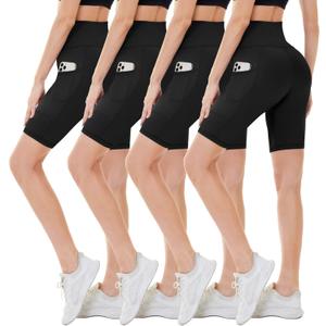 CAMPSNAIL 4 Pack Biker Shorts Women with Pockets  5"/8" High Waist Tummy Control Workout Gym Yoga Running Compression Shorts (Large-X-Large)