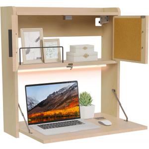 ARTETHYS Wall Mounted Desk with LED Light Multifunctional Fold Down Laptop Computer Table Writing Workstation with Storage Compartments Space Saving for Home Office Wood Color