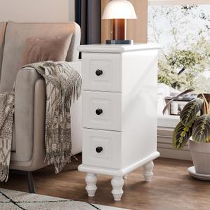 Solid Wood End Table, White Narrow Side Table with Drawers, Small Nightstand Skiny Beside Table for Small Space, Living Room, Bedroom, 8" Width, 7.9x15x23.6 In