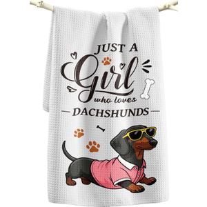 Miss Adola Dog Funny Kitchen Towels - 15x28 Inch Decorative Waffle Microfiber Dish Cloths Cute Absorbent Reusable Hand Tea Towels with Hanging Loop Dachshund Gift for Dog Lovers