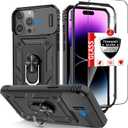Compatible with iPhone 14 Pro Case with 2 Tempered Glass Screen Protectors, Built-in 360°Kickstand Ring with Camera Cover Shockproof Military Grade Drop Heavy Duty Protection Phone Bumper Black