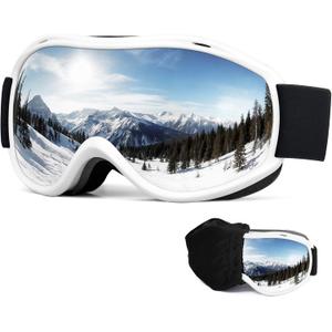 FMY Ski Snowboard OTG Goggles,Anti Fog UV400 Protection Skiing Snowmobile Goggles for Men Women Youth (White Frame & Silver)