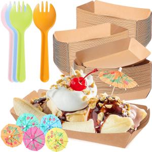 60 Set Colorful Food Trays Boat Paper Disposable Banana Split Boats with Umbrellas 8 oz Bowls for Birthday Summer Party Supplies Dessert(Kraft)