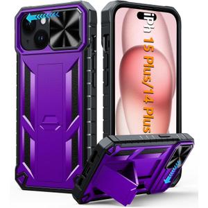 FNTCASE for iPhone 15 Plus Case: for iPhone 14 Plus Phone Case with Kickstand | Rugged Military Grade Drop Proof Protection Hard Heavy Duty Protective Sturdy Cover Purple
