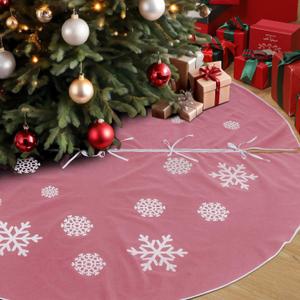 84 Inch Large Pink Christmas Tree Skirt, Burlap Tree Skirt White Snowflake Xmas Mat for Christmas Home Farmhouse Holiday Indoor Decoration
