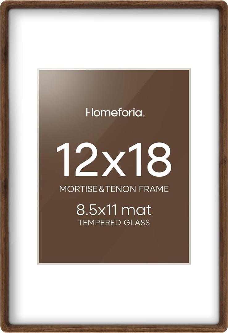 Homeforia 12x18 Mortise & Tenon Walnut Picture Frame, High End 12x18 Frames for Wall, Photo Frames 12 x 18 Walnut with Mat 8.5x11, Tempered Glass, Wall Kit, Set of 1
