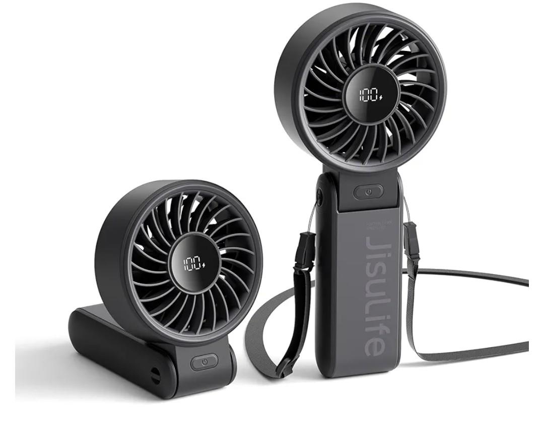 JISULIFE Handheld Fan Life7 – Ultimate Flexibility: High-Power Motor, LED Display, 19.5 Hrs Cooling, 5000mAh Rechargeable, 5-Speed, Foldable Design, 3-IN-1 Portable Fan for Travel Cruise Beach(Black)