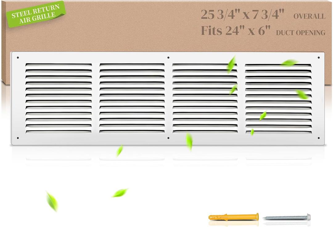 24"W x 6"H Return Air Grille [Duct Opening Size], Steel HVAC Return Air Vent Cover for Wall & Ceiling, White Powder-Coated Rust-Resistant AC Cold Air Return, Outer Dimensions 25.75"W x 7.75"H