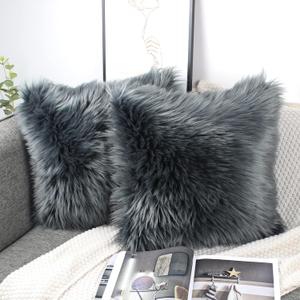 OYIMUA Fluffy Decorative Throw Pillow Covers 20x20, Faux Fur Farmhouse Luxury Pillow Cases,Soft Plush Fuzzy Dark Gray Cushion Covers for Sofa Couch Living Room Bedroom Set of 2