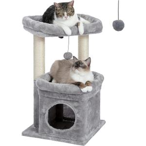Cat Tree Tower for Indoor Cats with Private Cozy Cat Condo, Natural Sisal Scratching Posts and Plush Pom-pom for Small Cats (27 inch Sleeping Tree, Grey)