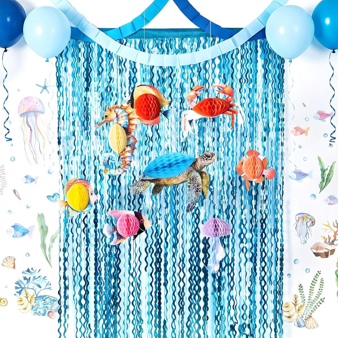Obbolo Under the Sea Party Decorations, Ocean Birthday Party Decors with 3.3x6.5 Feet Tinsel Backdrop, 2 Pcs Ocean Wall Sticker Decals and 8 Hanging Ocean Animal Honeycombs for Sea Ocean Baby Shower