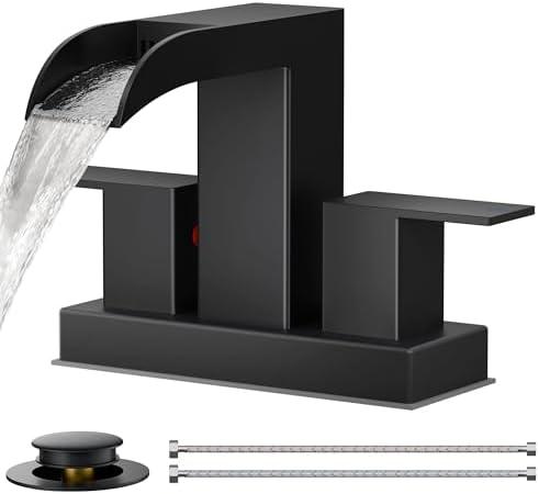 Perpaime Square Black Bathroom Faucets for 2 Hole or 3 Hole, Waterfall 4 Inch Centerset Bathroom Sink Faucet with Metal Pop-up Drain and Supply Lines, Two Handles for Vanity, Laundry Room, Basin