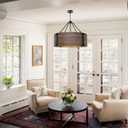 Chandelier Lighting Fixture, 4-Light, Black Walnut Wood Metal Drum Shade, Rustic Industrial Iron Pendant for Kitchen Island Living Dining Room Over Table, 23" W x 21.5" H