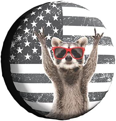 Funny Raccoon Spare Tire Cover Black White American Flag 17 Inch Wheel Protector for Truck SUV Trailer Camping Rv Tire Covers