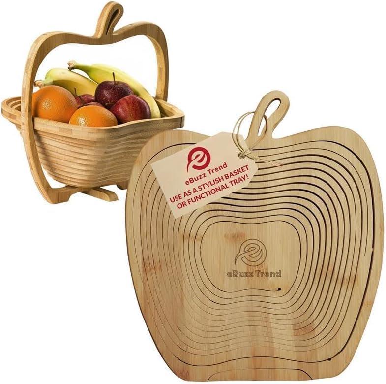 Apple Shaped Foldable Bamboo Dried Fruits Basket & Tray  Collapsible Wooden Fruit Bowl Holder for Kitchen Table & Holiday Decor